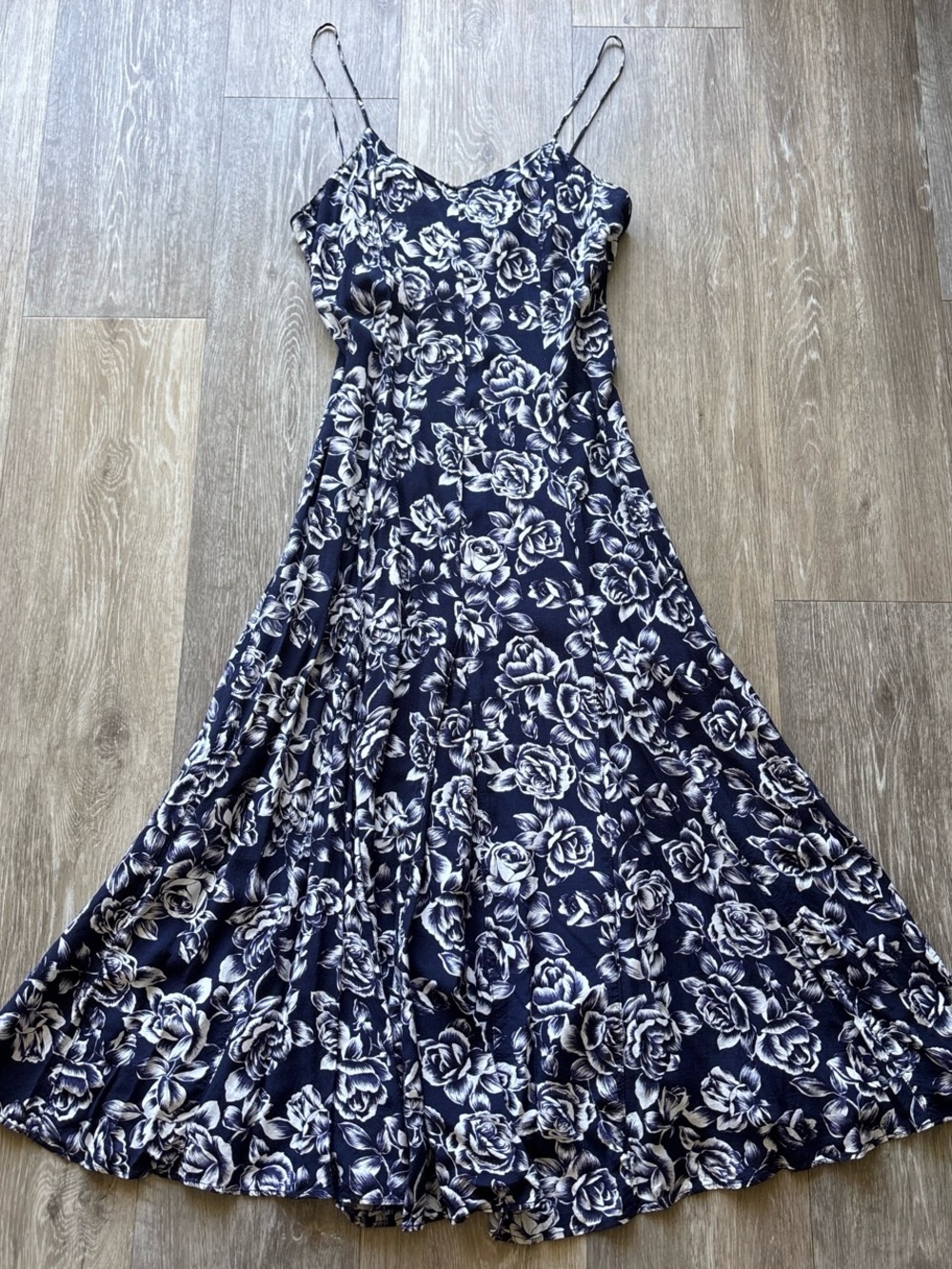 Vintage 90s Paris Blue Floral Fairy Romantic Feminine Flowy Midi Slip Dress XS/S